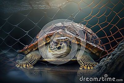 Turtle trapped in fishing net. Eocoly concept, Generative AI Cartoon Illustration