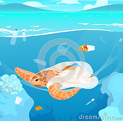 Turtle trapped in plastic garbage flat vector illustration Vector Illustration