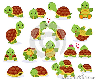 Turtle vector cartoon seaturtle character swimming in sea and sleeping tortoise in tortoise-shell illustration set of Vector Illustration