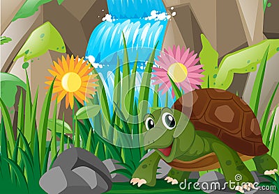 Turtle by the waterfall Vector Illustration