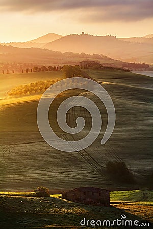 Tuscan Landscape in Sunrise Light Stock Photo