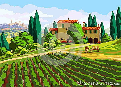 Tuscan landscape with Villa Vector Illustration