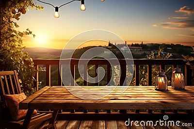 Tuscany dreams Wooden backdrop, blurred balcony, and sunsets warm embrace Stock Photo