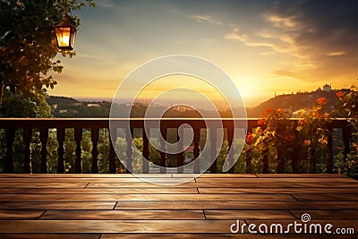 Tuscany dreams Wooden backdrop, blurred balcony, and sunsets warm embrace Stock Photo