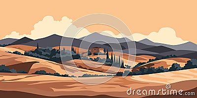 Tuscany hills landscape view. Italian countryside panorama with olive trees, old farmhouses and cypress at sunset. Rural Vector Illustration