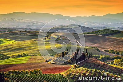 Tuscany landscape at sunrise. Tuscan farm house, vineyard, hills. Stock Photo