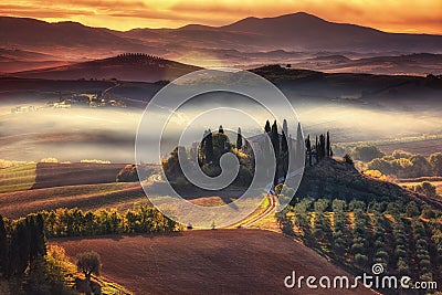 Tuscany, panoramic landscape with famous farmhouse rolling hills Stock Photo