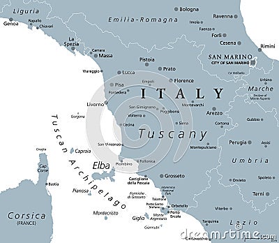 Tuscany, region in Italy, with Tuscan Archipelago, gray political map Vector Illustration