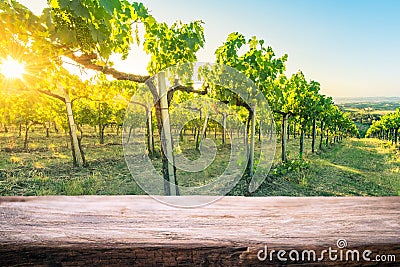 Tuscany wineyard, wooden empty product montage display template Stock Photo