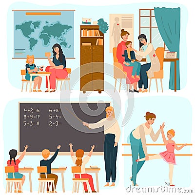 Tutor working with children, teacher in school class, people vector illustration Vector Illustration