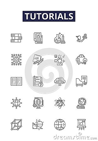 Tutorials line vector icons and signs. Guides, Education, Instructions, Classes, Courses, Demonstrations, Walkthroughs Vector Illustration