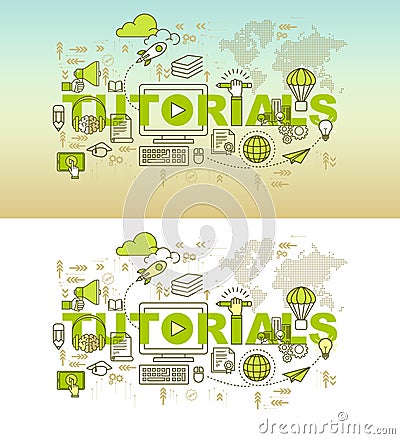 Tutorials web page banner concept with thin line flat design Vector Illustration