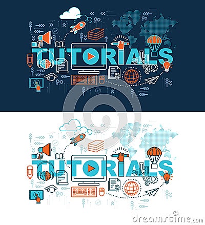 Tutorials web page banner concept with thin line flat design Vector Illustration