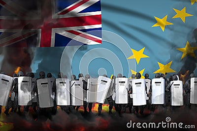 Tuvalu police squad in heavy smoke and fire protecting state against riot - protest stopping concept, military 3D Illustration on Stock Photo