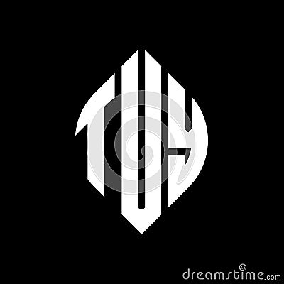 TUY circle letter logo design with circle and ellipse shape. TUY ellipse letters with typographic style. The three initials form a Vector Illustration