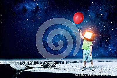 TV addicted children. Mixed media Stock Photo