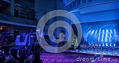 Tv broadcast from the theater. TV camera in a concert hall. Stock Photo