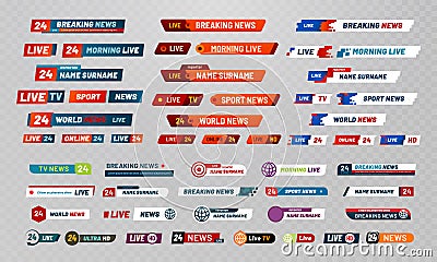 Tv broadcast title. Television broadcasting channels banners, show titles and news live video banner vector set Vector Illustration