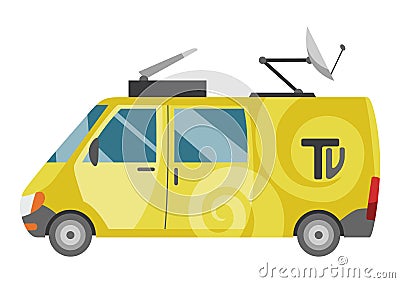 Tv broadcasting vehicle with satellite dish on the roof. Car with antenna for reporting news. Auto side view. Journalist Vector Illustration