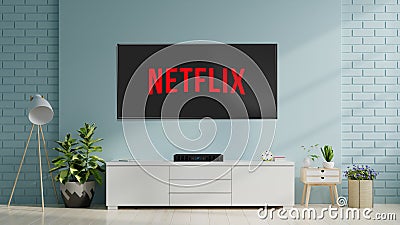 Modern living room and television with Netflix logo on flat screen Cartoon Illustration