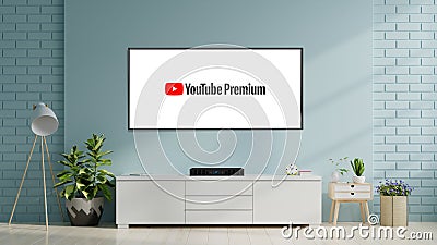 Modern living room and television with Youtube Premium logo on flat screen Cartoon Illustration