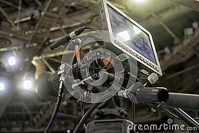 Close-up television camera at sports competitions, TV broadcasting. Stock Photo