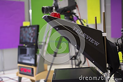 TV camera in the Studio. Teleprompter and professional high-definition video camera on a tripod Editorial Stock Photo