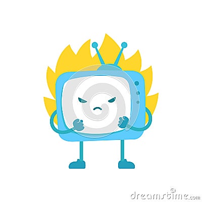 TV character. Television overheat. Evil unkind. Error flame. Vector Illustration