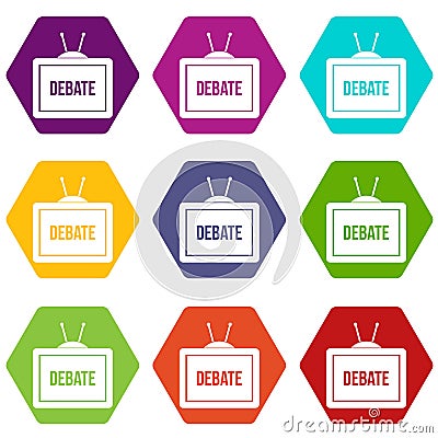 TV with the Debate inscription icon set color hexahedron Vector Illustration