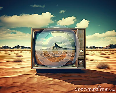 tv in the desert scenery. Cartoon Illustration