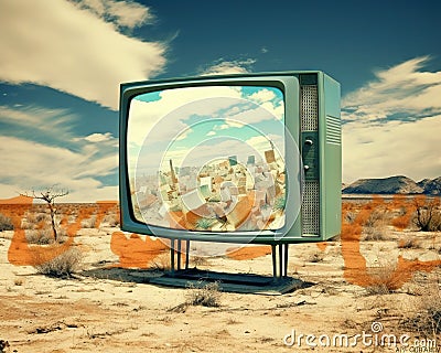 tv in the desert scenery. Cartoon Illustration