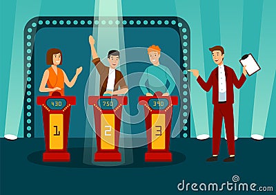 TV game show with three participants answering questions or solving puzzles and host. Smiling men and women participate Vector Illustration