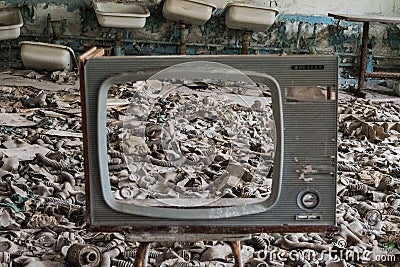 TV Gas Mask. Ghost City. Chernobyl Zone. Nuclear disaster. Abandoned place. Ukraine Editorial Stock Photo