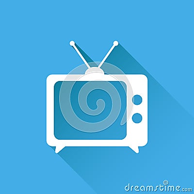 Tv Icon vector illustration in flat style isolated on blue background with long shadow. Television symbol for web site design, lo Vector Illustration