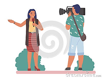 TV journalist or news reporter speaking with microphone before cameraman in the street, flat vector illustration Vector Illustration