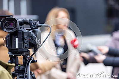 TV or media interview. Public relations - PR. News conference. Stock Photo