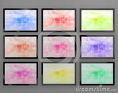TV Monitors Wall Mounted In Different Colors Stock Photo
