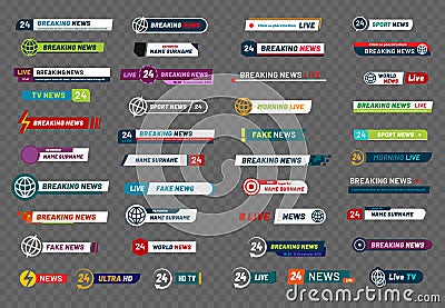 Tv news bar. Television broadcast media title banner, soccer player titles or football sport show interface isolated Vector Illustration