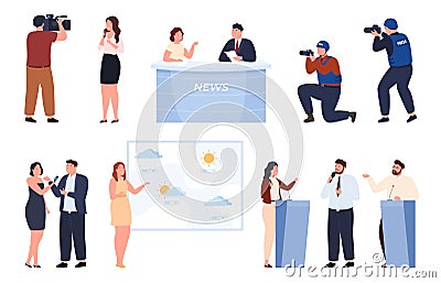 TV news, journalists, presenters of news programs. Collection of informative news in various situations. Vector Vector Illustration