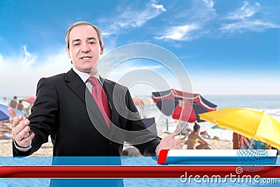 TV News screen with anchorman reporting latest news on coronavirus Covid-19 deconfinement Stock Photo