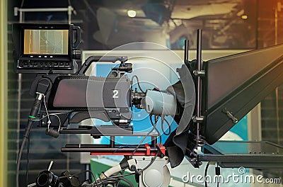 TV NEWS studio with camera and lights Stock Photo