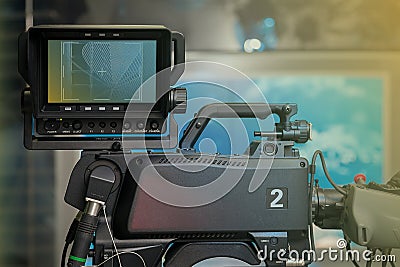 TV NEWS studio with camera and lights Stock Photo