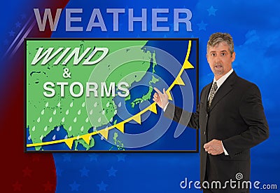 TV news weather man meteorologist anchorman reporter with map of Asia on the screen Stock Photo