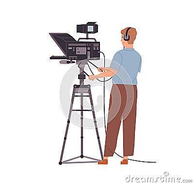 TV-operator or videographer in headphones working with camera and shooting video. Cameraman with professional studio Vector Illustration