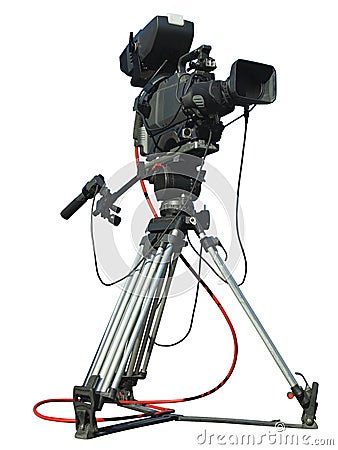 TV Professional studio digital video camera on tripod isolated over white Stock Photo