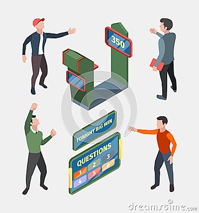 Tv quiz. Game show participant male and female question programs people isometric Cartoon Illustration