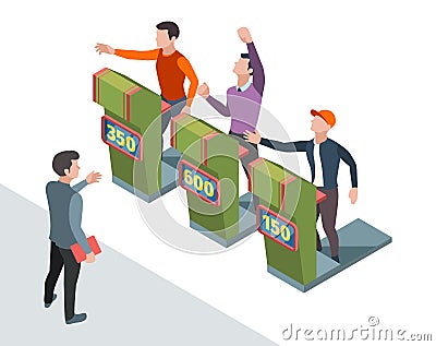 Tv quiz participant. People pushing buttons and answer questions in smart game entertainment vector isometric Vector Illustration