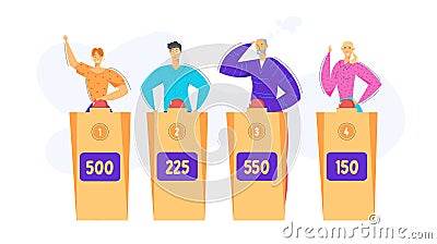 TV Quiz Show with Clever Characters. People Answering Questions on Conundrum Game. Man and Woman Playing on Quiz Vector Illustration