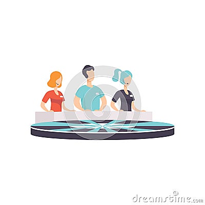 TV quiz show, people answering questions standing behind wheel vector Illustration on a white background Vector Illustration