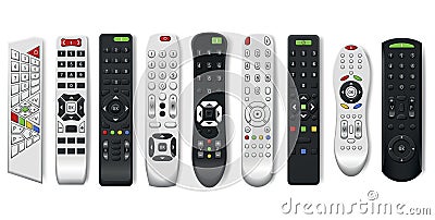 Tv remote controls with buttons in different designs. Wireless power media device to switch channel programmes remotely Vector Illustration